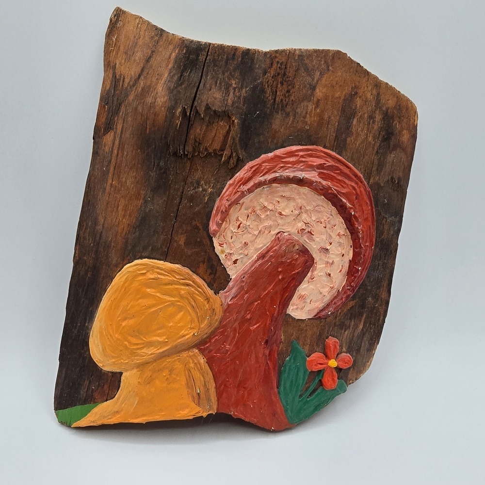 Vintage Mushroom Wood Plaque Wall Hanging Hand Painted Rustic Cottagecore